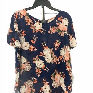 Chelsea & Theodore Women's Navy Blue Blouse W/ Orange Floral Pattern Size XL